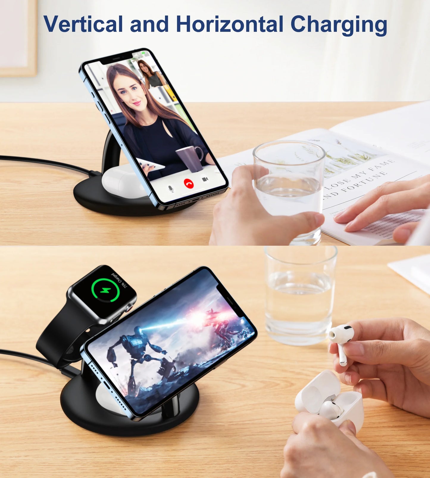 Suporte com Carregador Sem Fios Magnético 3 em 1 Choetech T587-F para iPhone / AirPods / Apple Watch 15W / 5W / 2,5W (Preto)