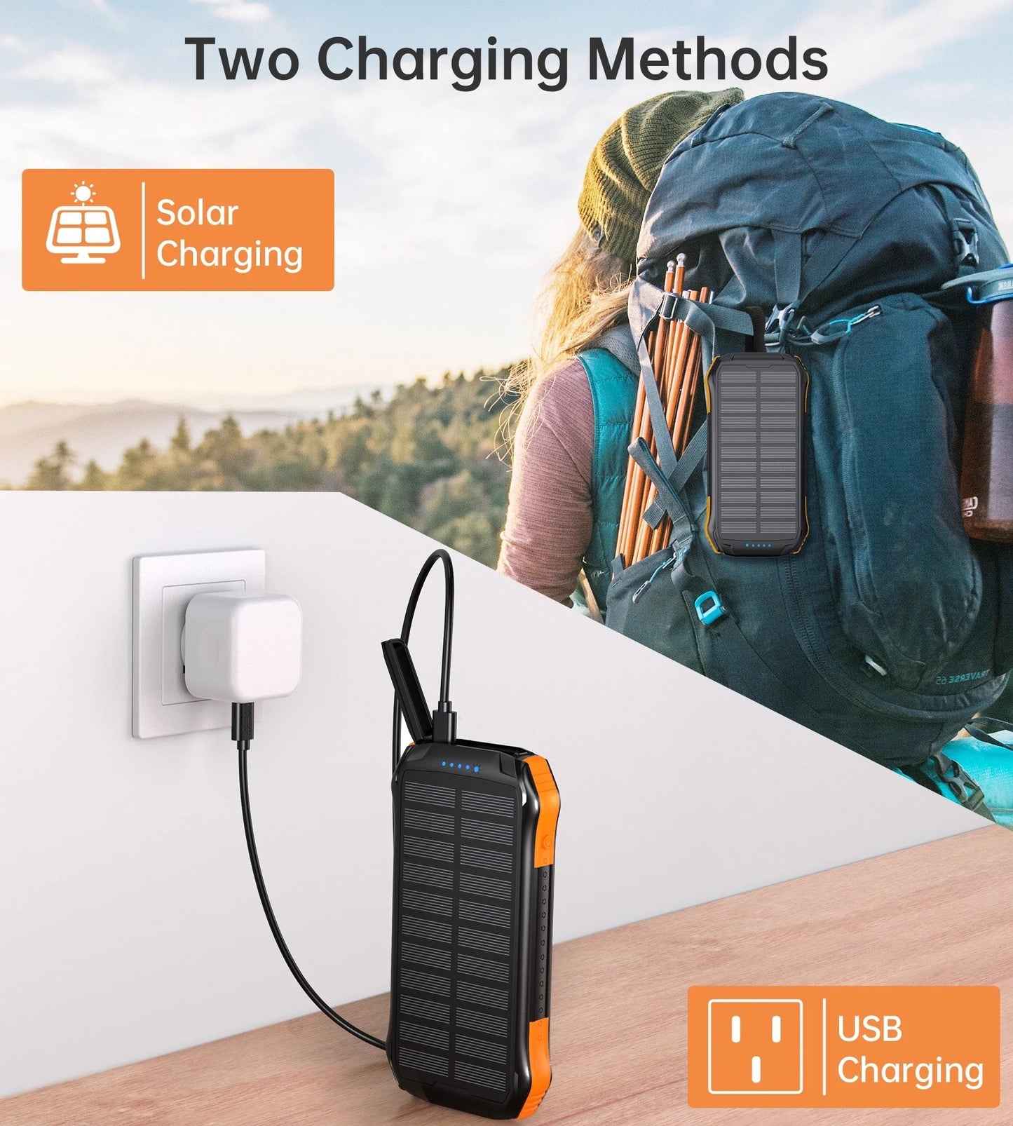 Power Bank Solar Choetech B658 10.000mAh com 2 Portas USB e Carregamento Qi 5W (Preto e Laranja)