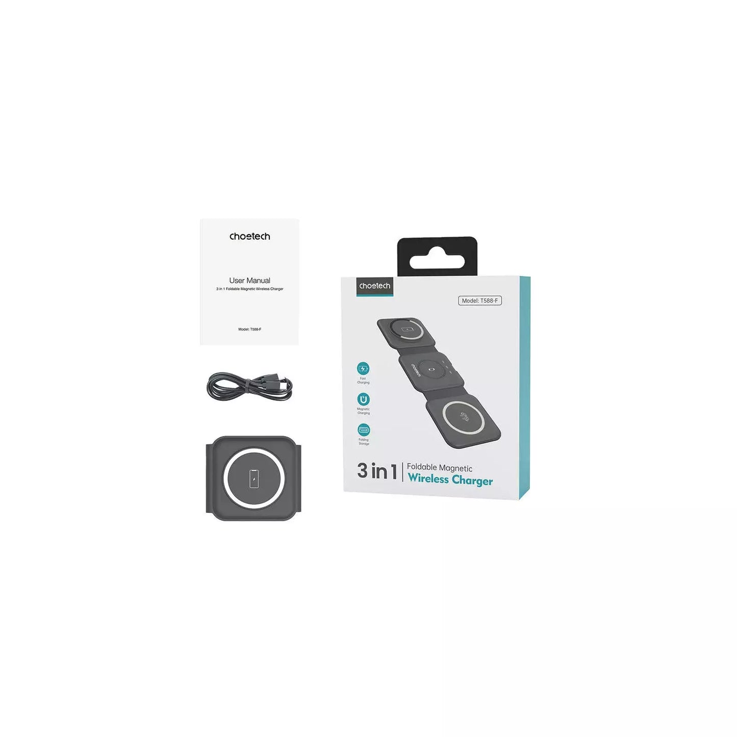 Carregador Sem Fios Magnético 3 em 1 Choetech T588-F 15W (Preto)