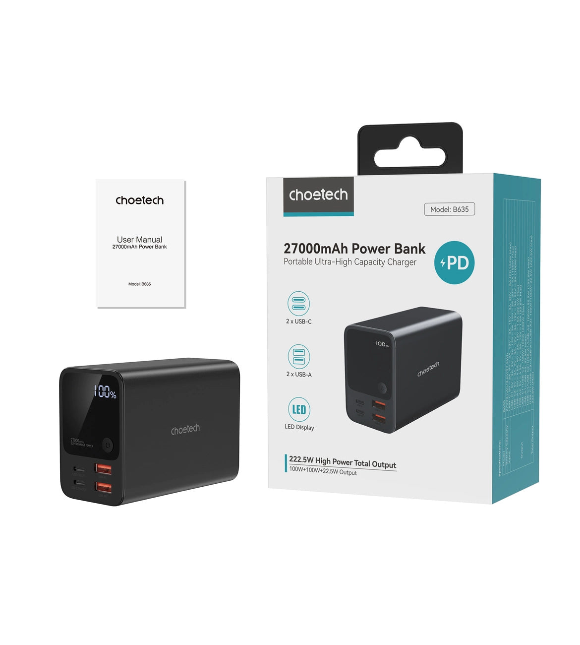 Powerbank Choetech B635BK USB-A / USB-C / 22.5W / 27000mAh / Preto