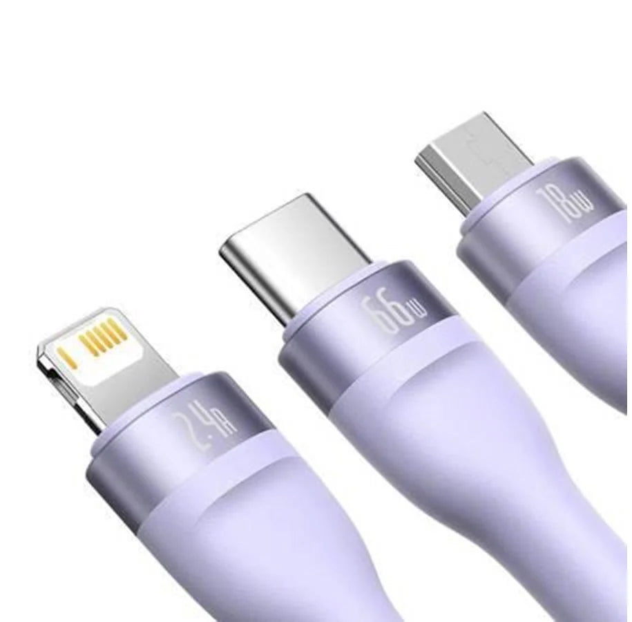 Cabo 3-em-1 Baseus Flash II USB para USB-C + Micro USB + Lightning / 66W / 1.2m / Roxo
