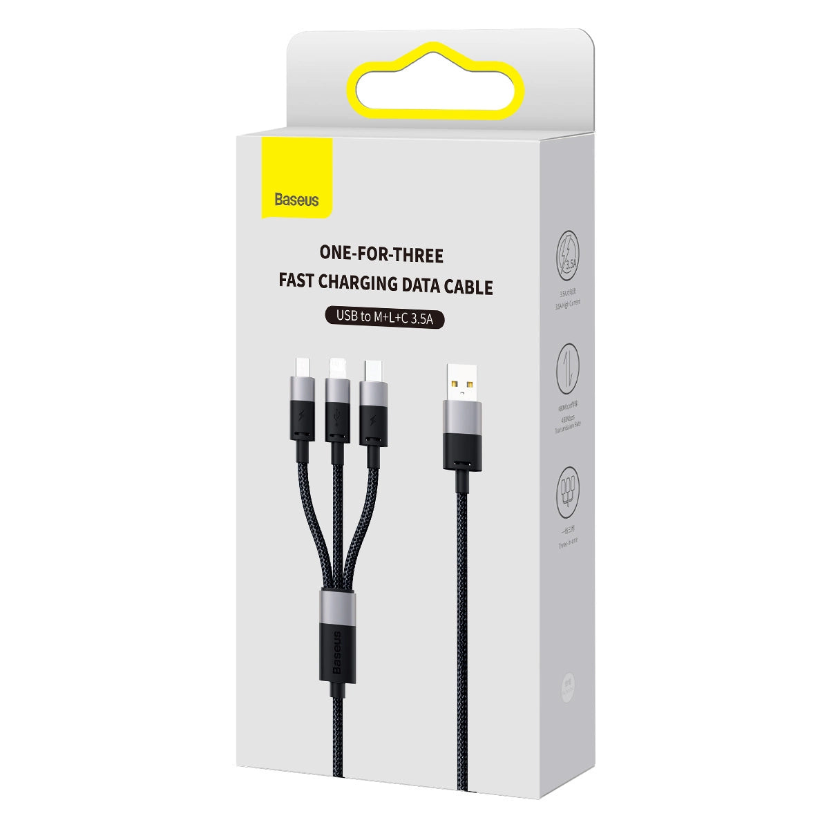 Cabo USB para USB-C + Micro USB + Lightning / 3 em 1 Baseus StarSpeed Series / 3,5A / 1.2m / Preto