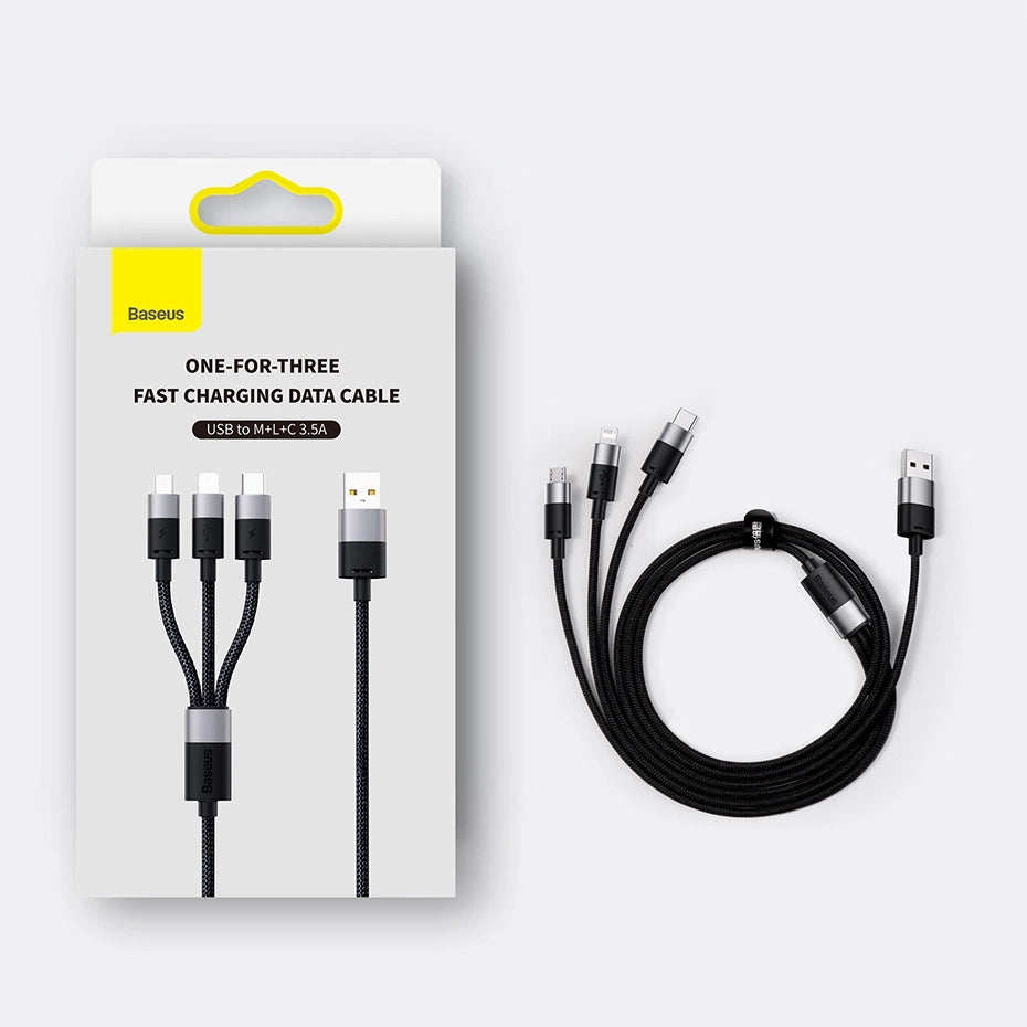 Cabo USB para USB-C + Micro USB + Lightning / 3 em 1 Baseus StarSpeed Series / 3,5A / 1.2m / Preto