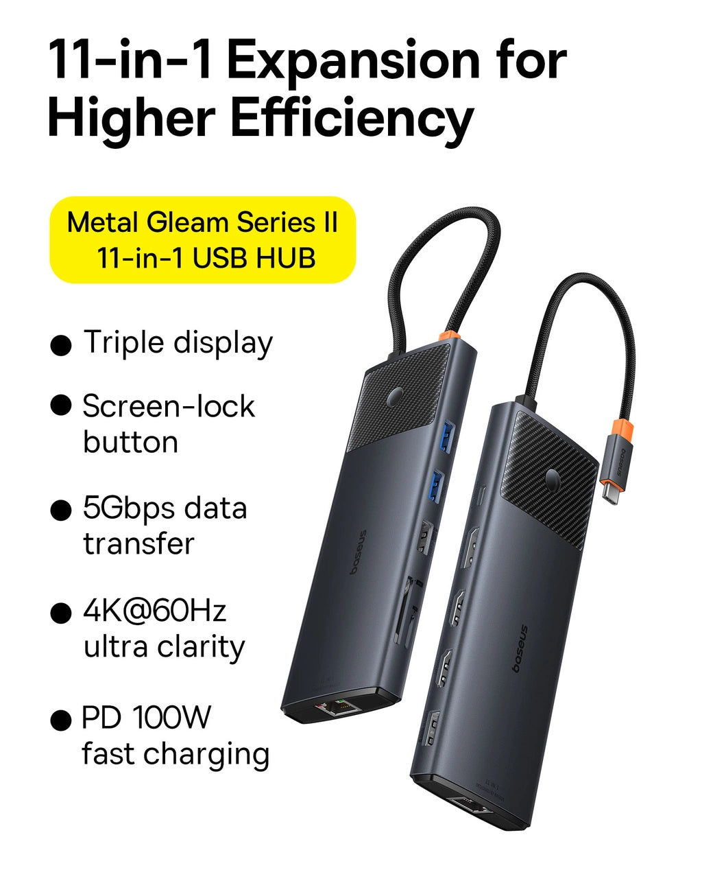 HUB USB-C 11 em 1 Baseus Metal Gleam Série II PD/HDMI/DP/RJ45/SD/TF / Preto