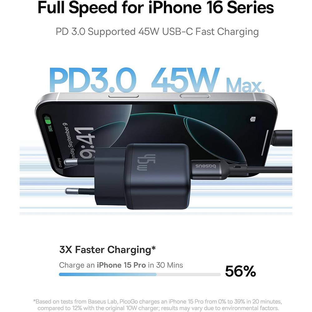 Carregador Baseus PicoGo GaN Fast Charger Ultra-Mini 45W USB-C Preto
