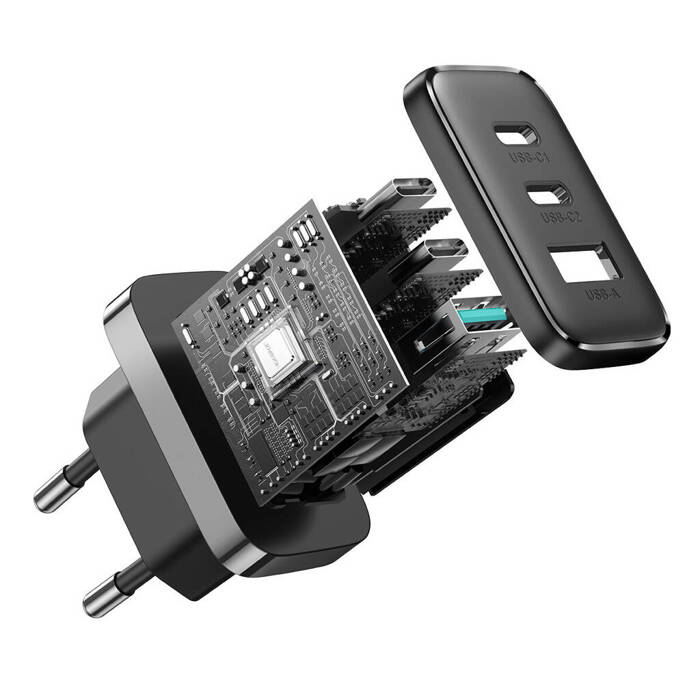 Carregador de Porta Dupla Joyroom R-TCF10 / 2x USB-C 1x USB-A / 30W / Preto