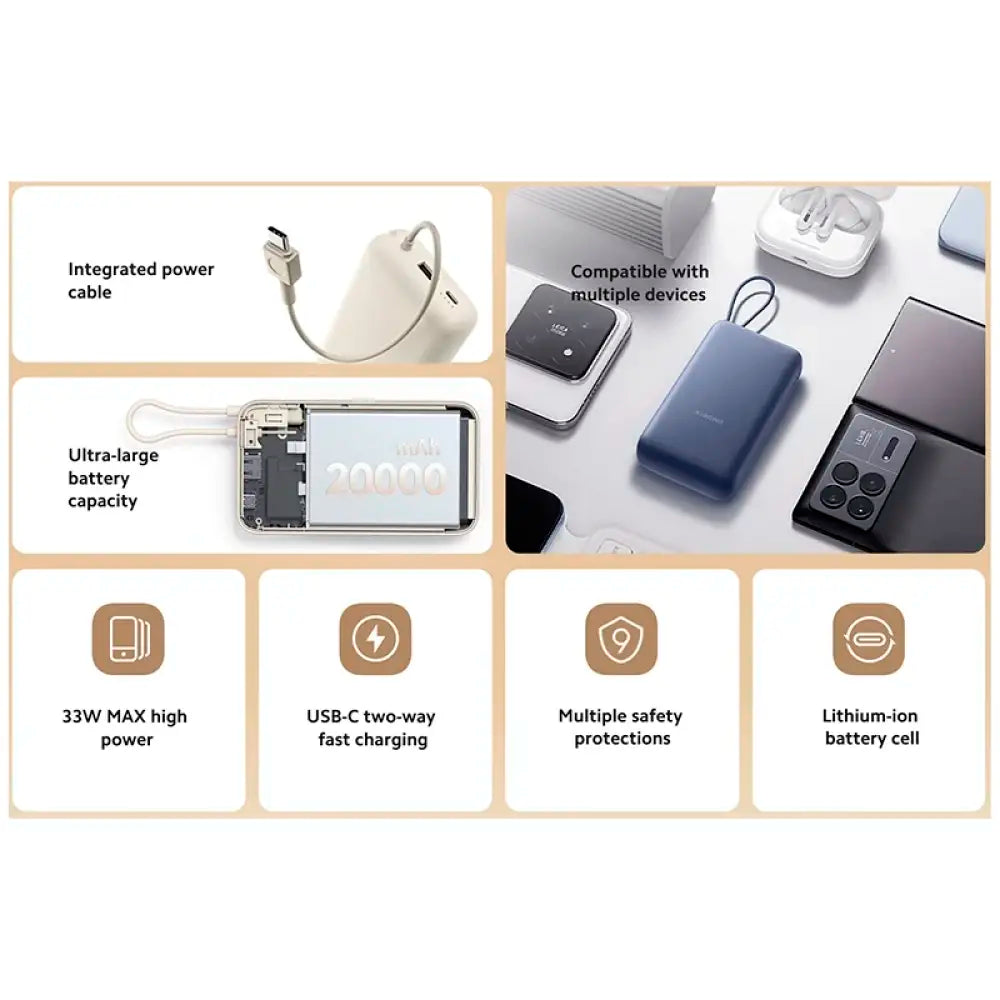 Powerbank Xiaomi 20000mAh 33W c/ Cabo Integrado Tan