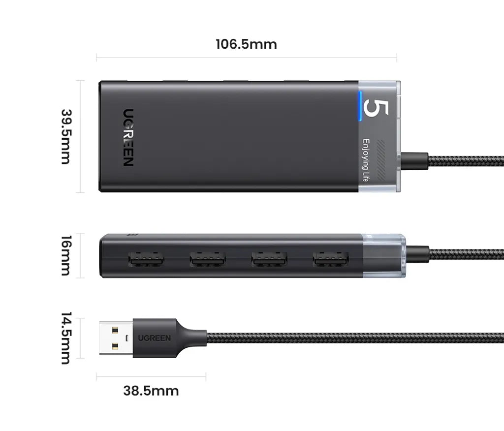 Hub Ugreen CM653 com 4 Portas USB-A e Cabo de Alimentação USB-A (Preto)