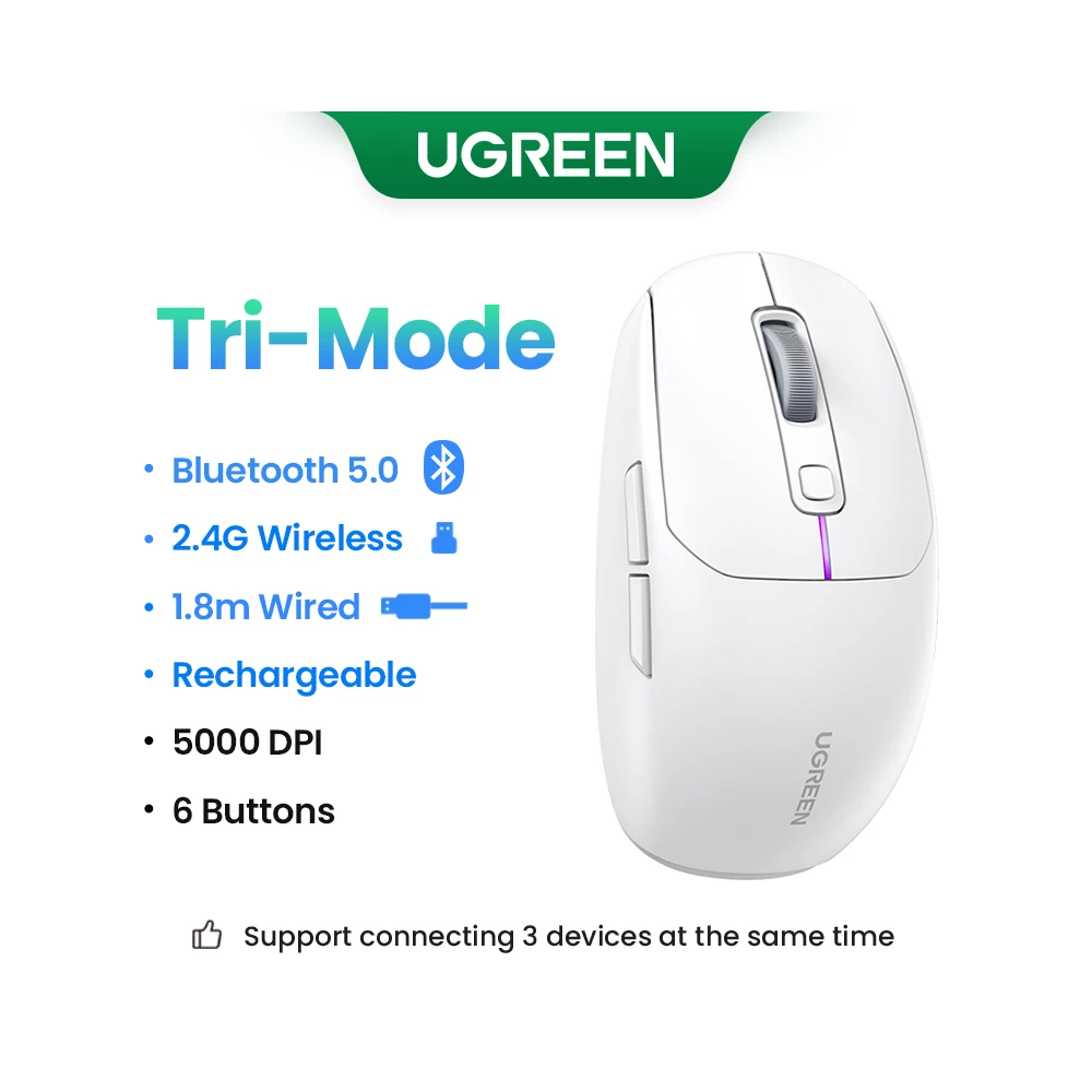 Rato Ugreen MU103 Bluetooth 5.0 / 2.4GHz USB Receiver - Branco