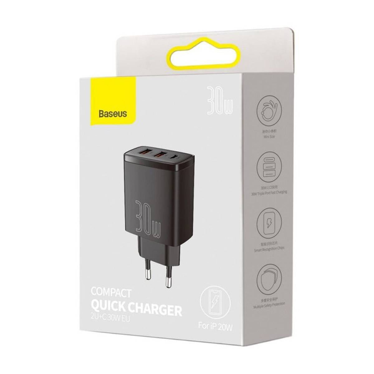 Carregador Baseus CCXJ-E01 USB-C e USB-A / 30W Fast Charger PD/QuickCharge 3.0 / Preto