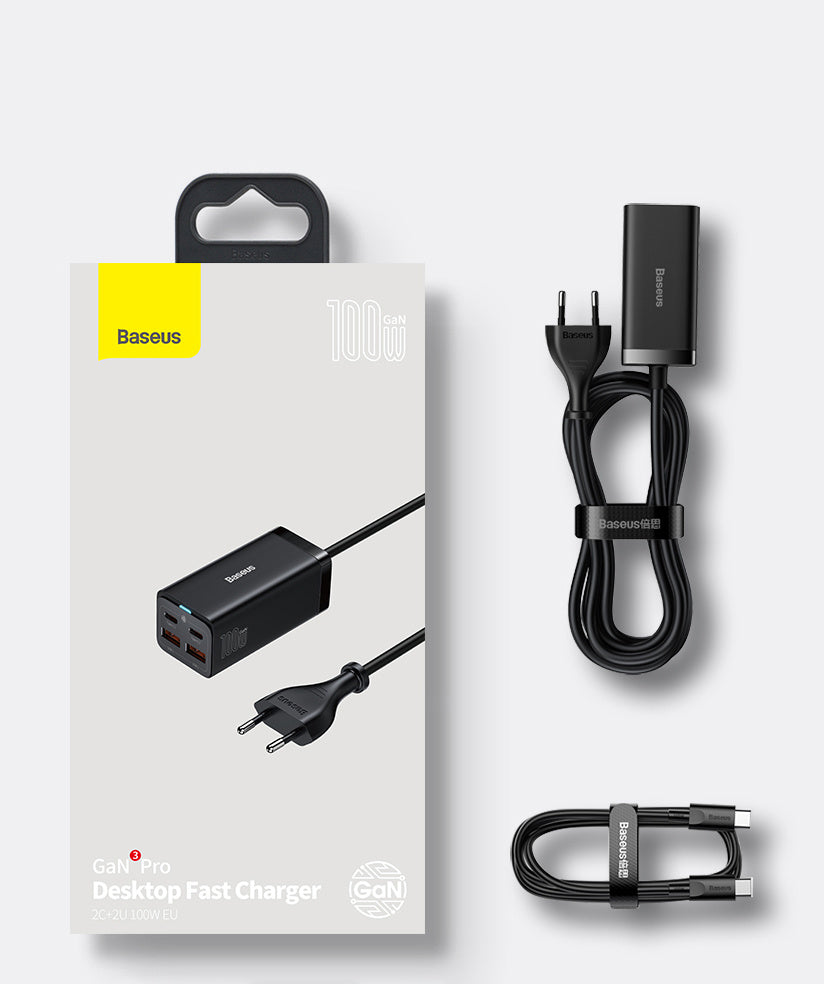 Carregador de Parede 2xUSB-C + 2xUSB-A / 100W / Preto / Baseus GaN3 Pro