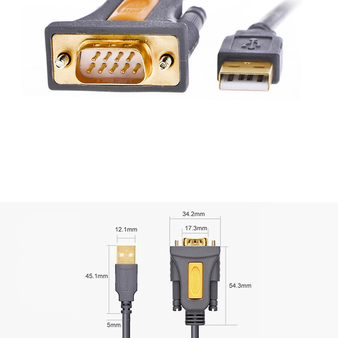 Cabo adaptador Ugreen CR104 / USB-A para DB9 RS232/ 1,5m / cinzento