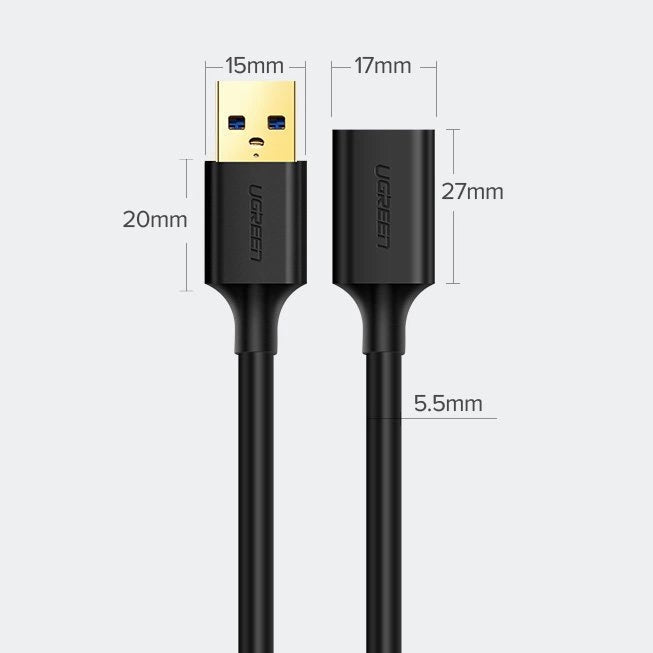 Cabo Extensão UGREEN US129 USB 3.0 Type-A Macho para Type-A Fêmea 3m Preto