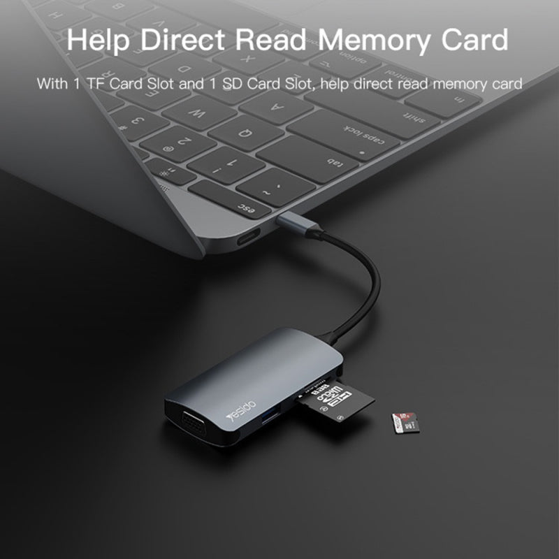 Hub USB-C Yesido HB16 7 em 1 VGA 1080p PD 100W USB 3.0 Cinzento