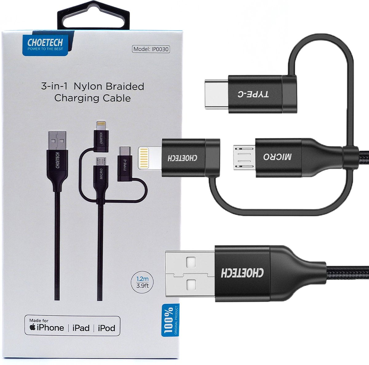 Cabo USB para Lightning + Micro USB + USB-C / Choetech IP0030 MFi / 5V / 1,2m / Preto