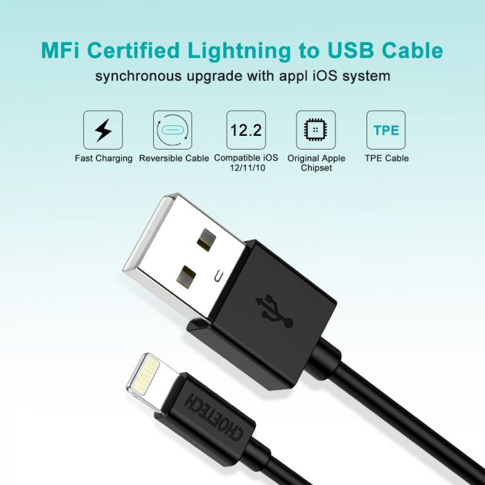 Cabo USB-A para Lightning Choetech IP0026 / MFi / 1,2m / Preto