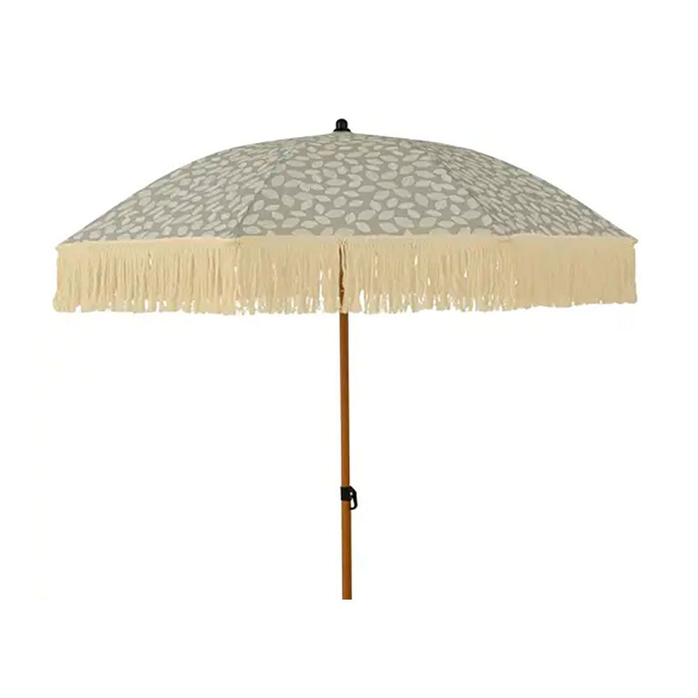 Guarda-sol para jardim, verde com design de folhas e franjas bege, ø180 x 216 cm_0