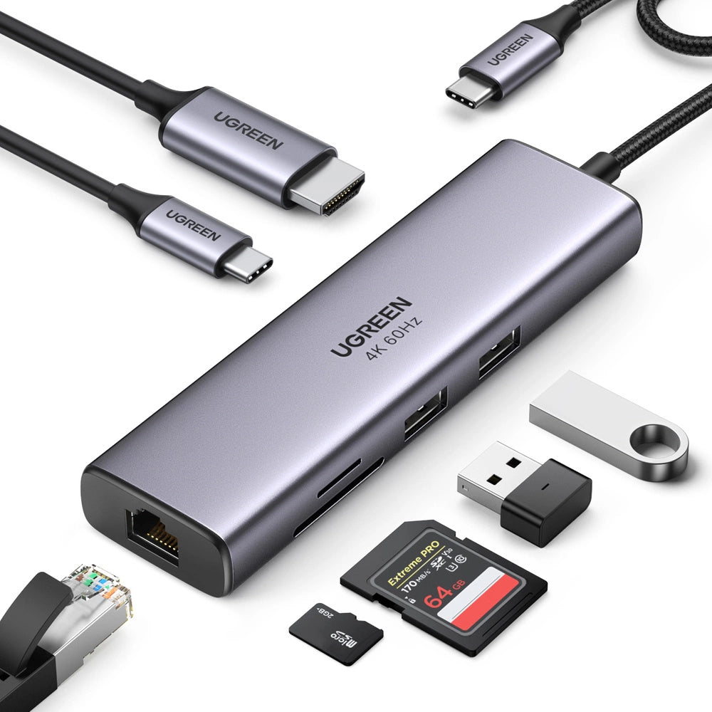HUB 7in1 Ugreen CM512 USB-C / 2x USB-A 3.2 / HDMI 4K / SD TF reader / USB-C PD 100W / RJ45 - gray_1