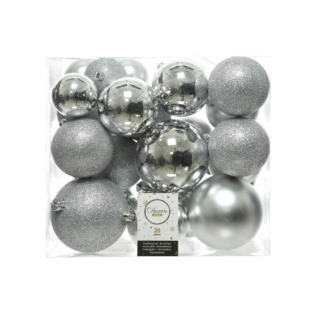 Pack de 26 bolas prateadas de vários tamanhos e distintas texturas para árvore de natal. decoris_0