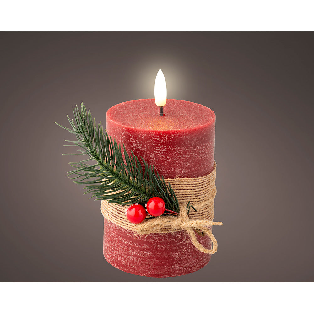 Vela de cera led com efeito de chama, cor vermelha, superfÃcie rústica com buquê ø7,5 x 13 cm_0