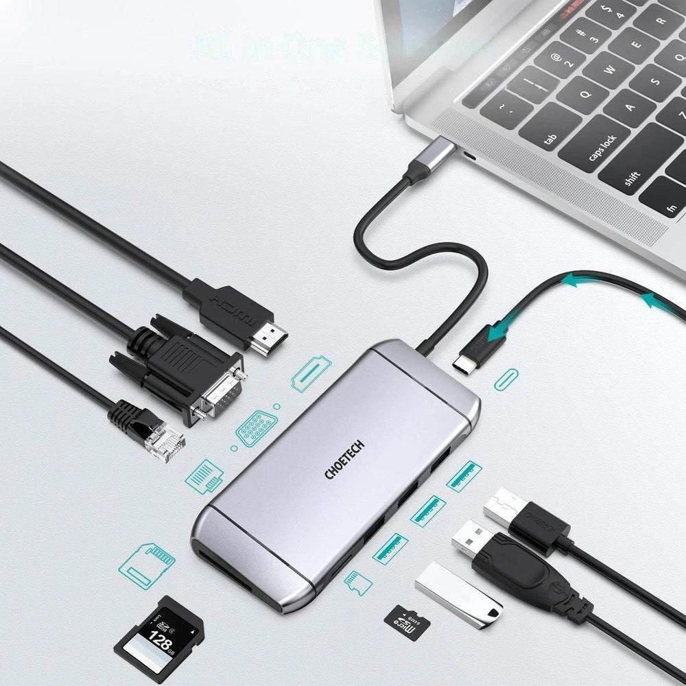 Choetech 9in1 multifunctional USB Type C HUB - 3x USB 3.2 Gen 1 / SD and TF memory card reader / HDMI 4K 30Hz / VGA Full HD 60Hz / USB Type C / RJ45 gray (HUB-M15 gray)_2
