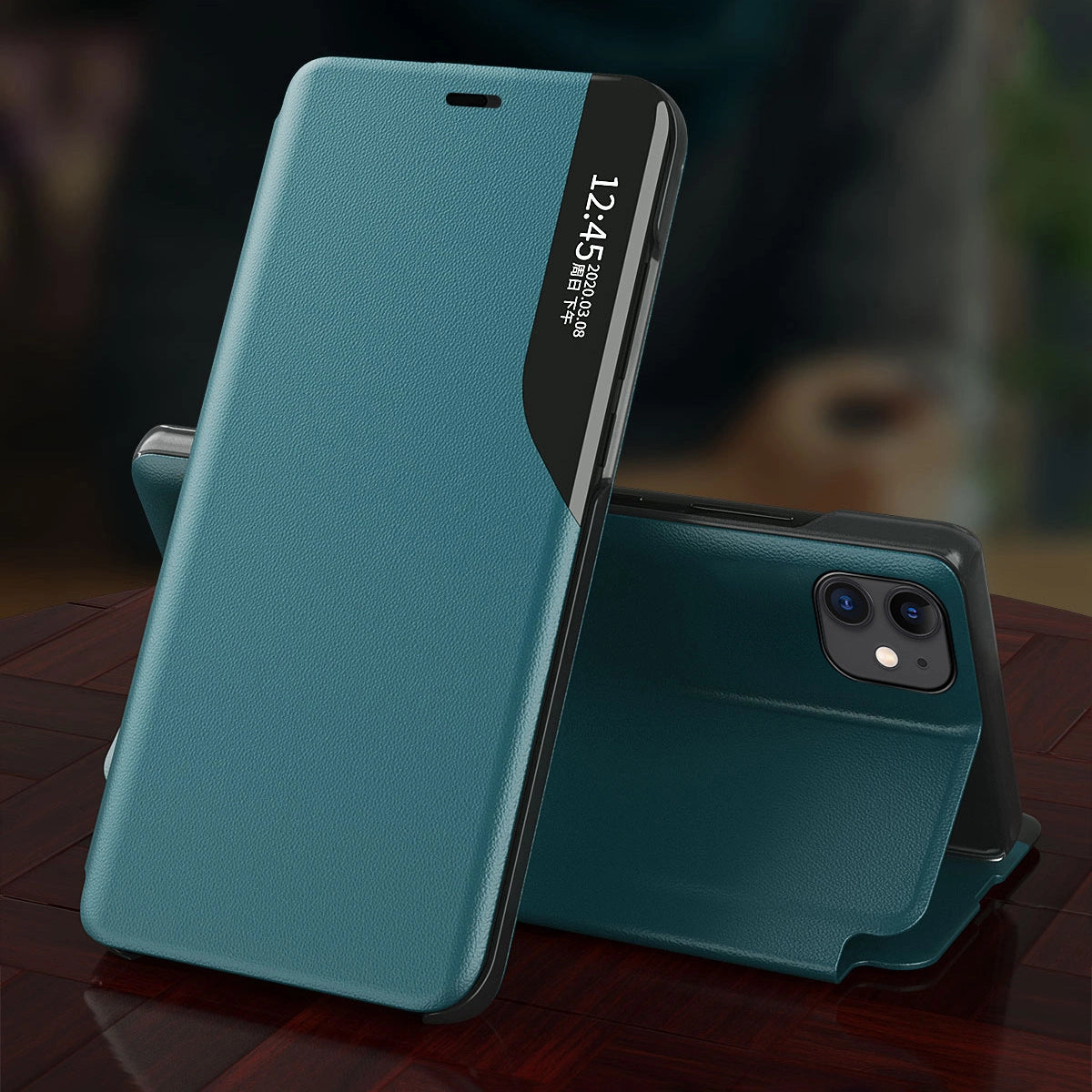 Eco Leather View Case elegant bookcase type case with kickstand for iPhone 13 Pro Max green_3