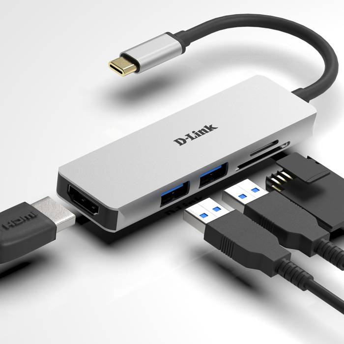 Adaptador D-Link USB-C p/ 2 USB 3.0 + 1 HDMI + Leitor de Cartões (SD+MicroSD)