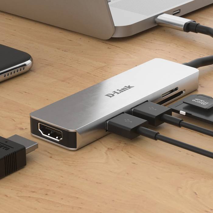 Adaptador D-Link USB-C p/ 2 USB 3.0 + 1 HDMI + Leitor de Cartões (SD+MicroSD)