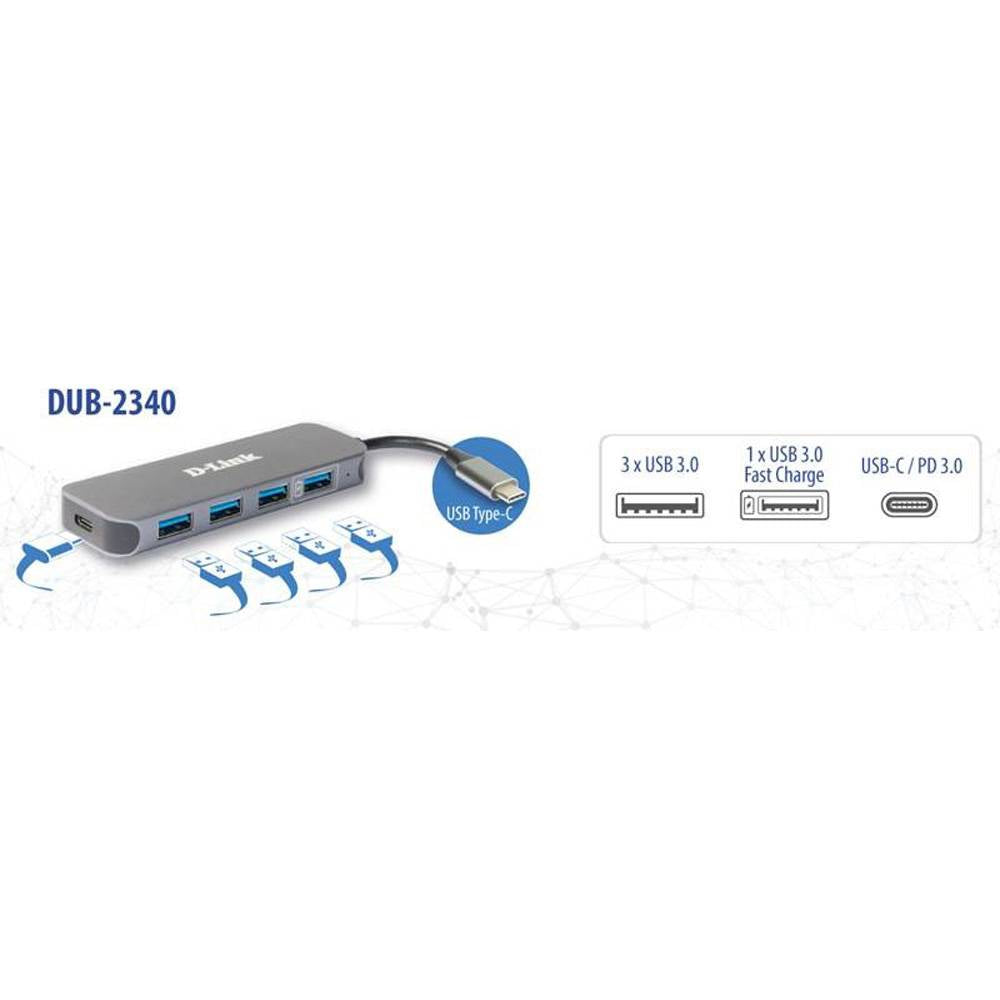Hub D-Link DUB-2340 USB-C para 4 Portas USB 3.0 + Power Delivery (100W)