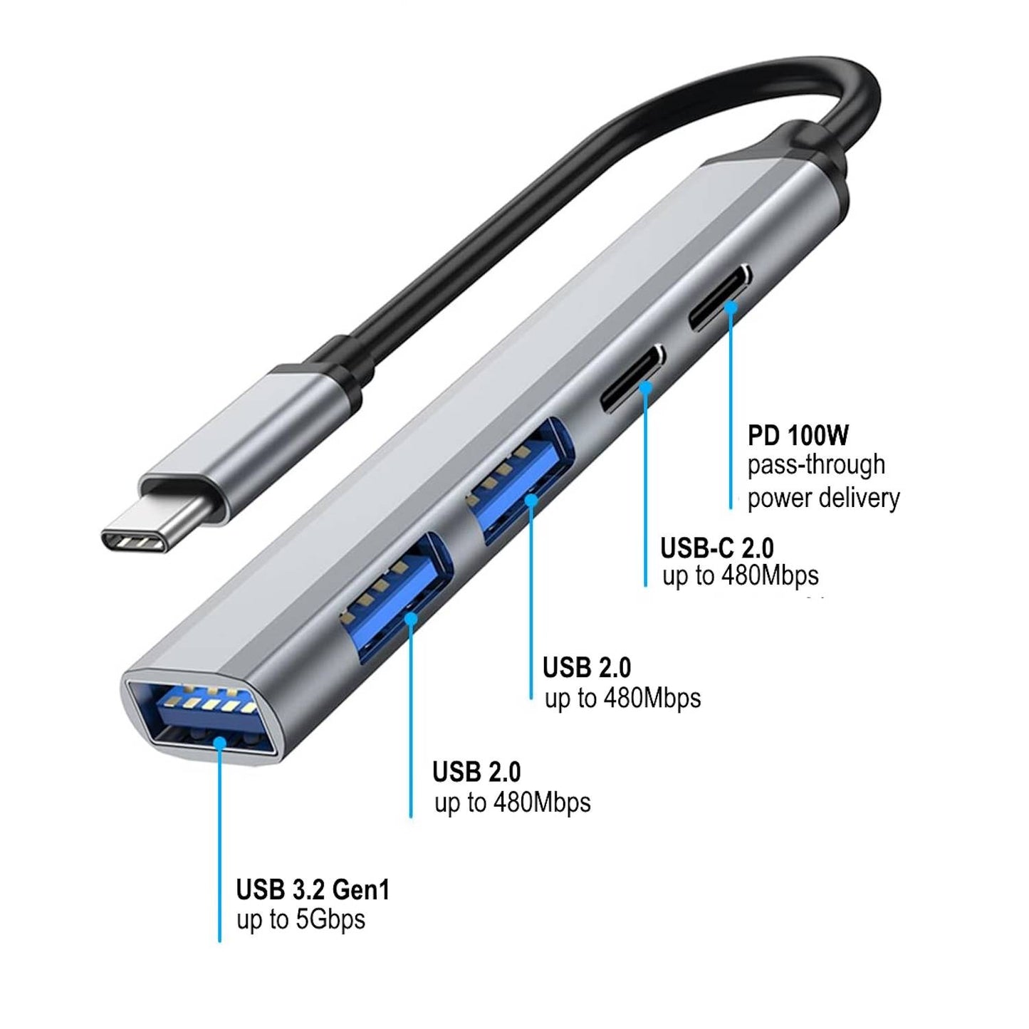 Hub USB-C Ewent EW1149 5-Port USB 3.2 Gen1 PD 100W Cinza
