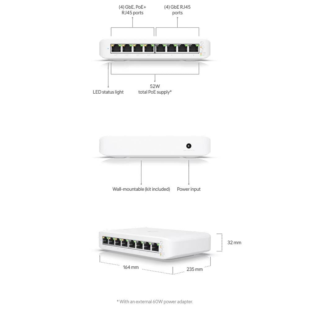 Switch Ubiquiti Lite-8 Portas Gigabit Managed PoE+ Wall Mount