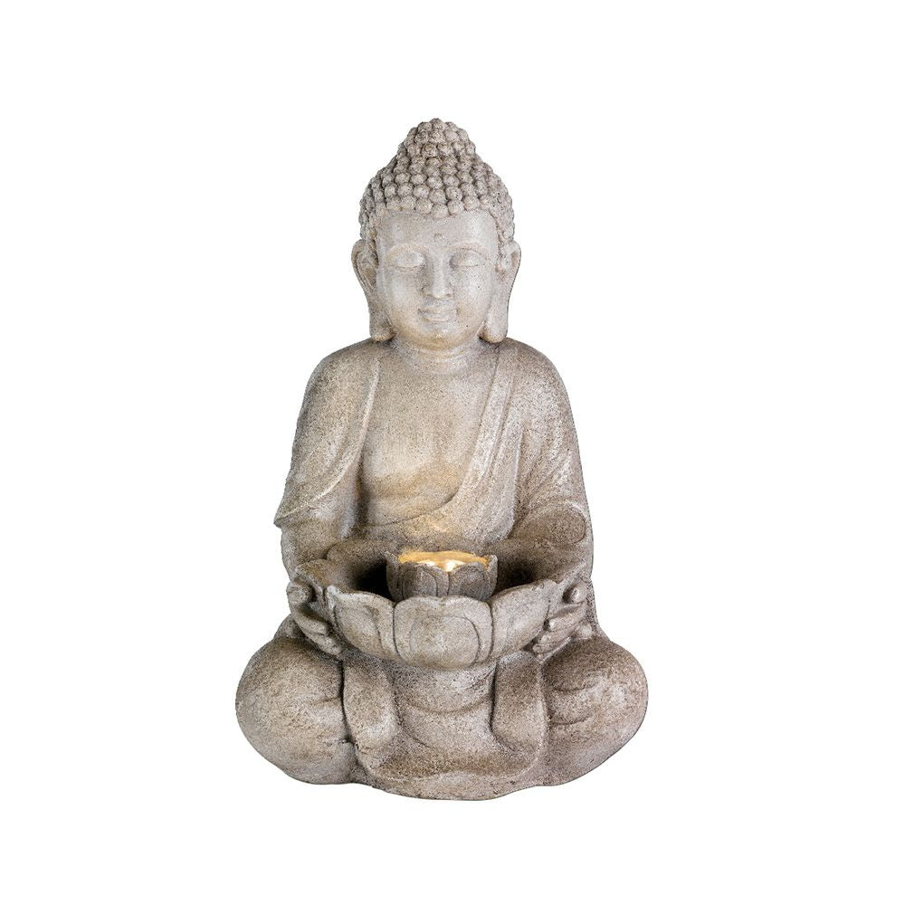 Fonte de cerâmica para exterior, modelo buda, com luz led quente; 28 x 29,5 x 45 cm_0