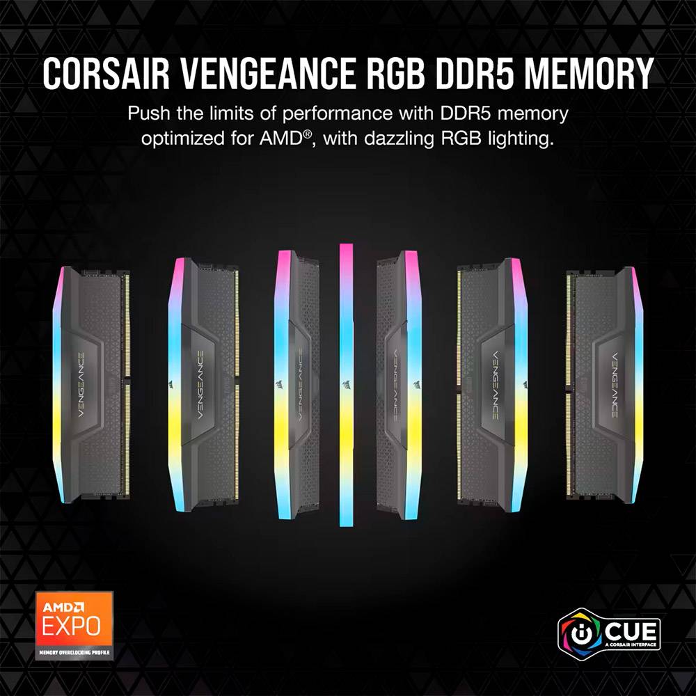 Memória RAM UDIMM Corsair Vengeance RGB 32GB (2x16GB) DDR5-6000MHz (AMD Expo/Intel XMP) CL36 (36-44-44-96) 1.35V Preta