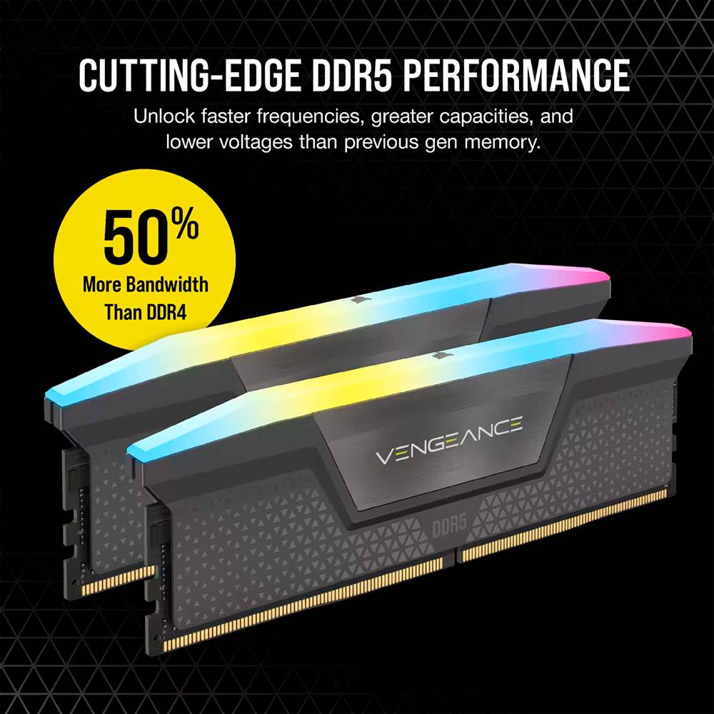 Memória RAM UDIMM Corsair Vengeance RGB 32GB (2x16GB) DDR5-6000MHz (AMD Expo/Intel XMP) CL36 (36-44-44-96) 1.35V Preta