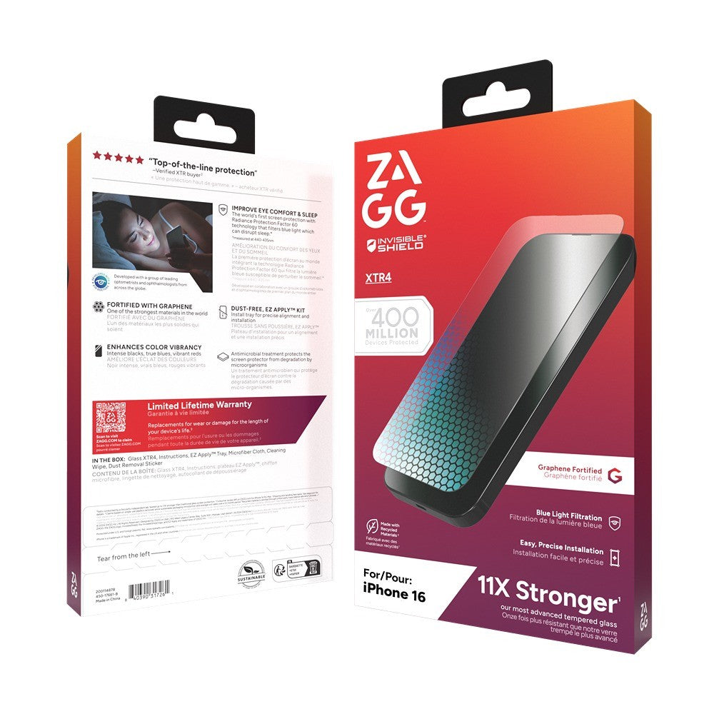 Protetor de Ecrã ZAGG para iPhone 15/16 InvisibleShield Glass XTR4 com Grafeno e Filtro de Luz Azul