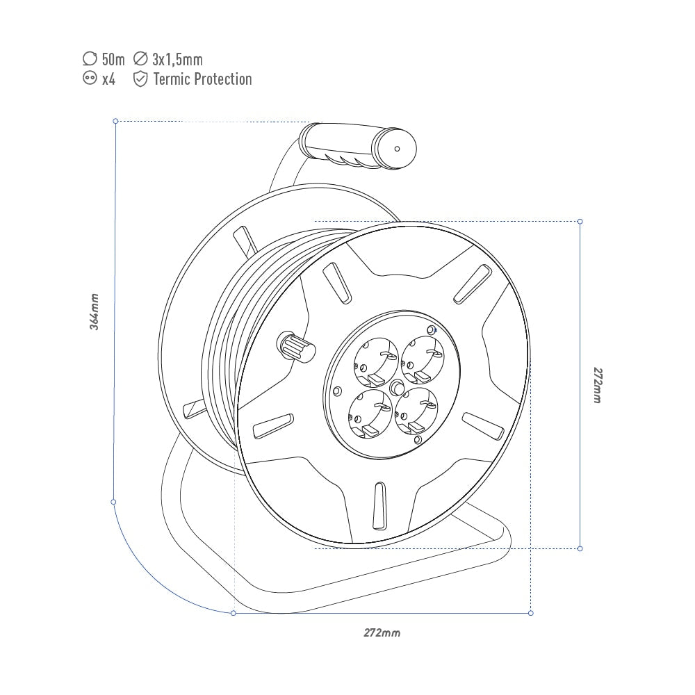 Extensão c/ Enrolador de Cabos EDM 50m 3G 1,50 mm² 4 Tomadas Bipolares com T/TL Protetor Térmico