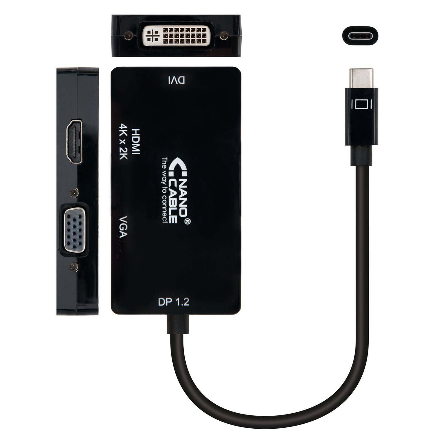 Adaptador USB Tipo-C Macho para VGA Fêmea / DVI Fêmea / HDMI Fêmea / 10cm Nanocable 10.16.4301-BK