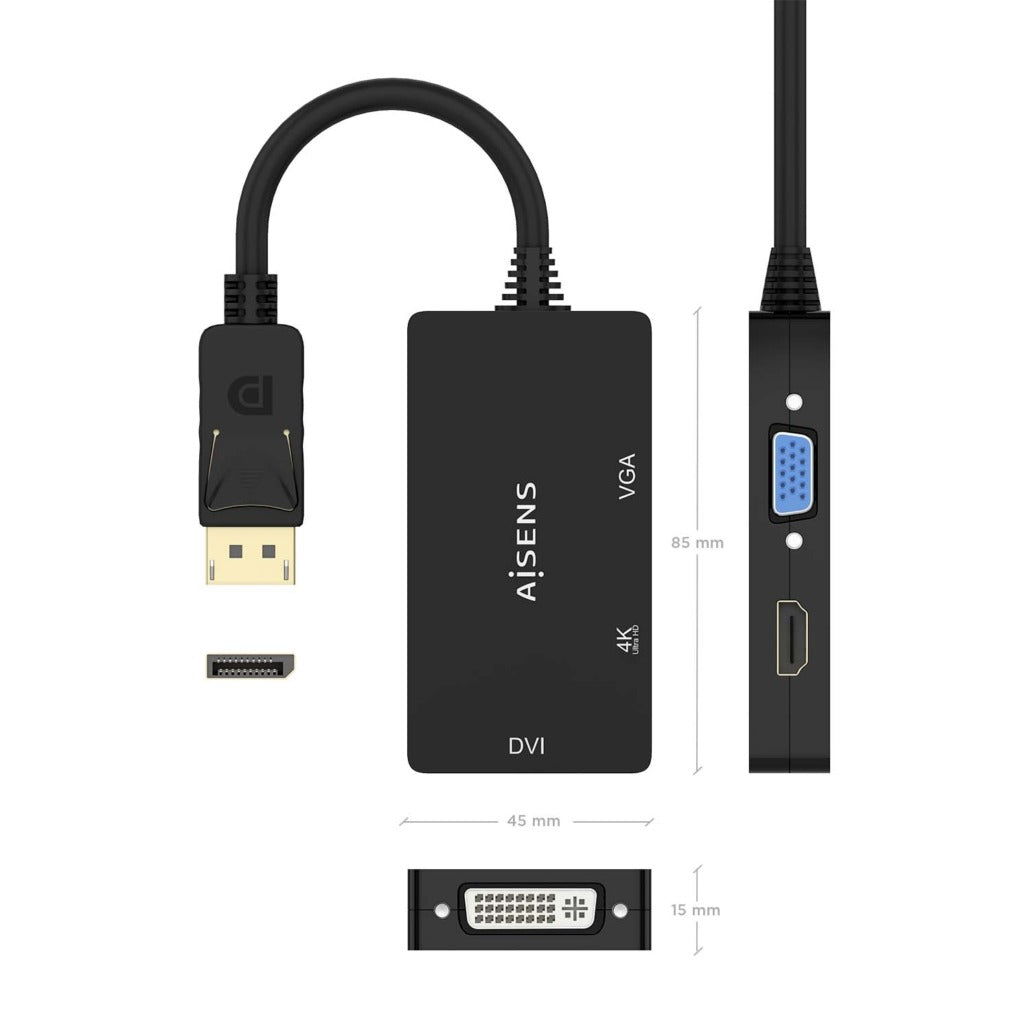 Conversor Displayport para VGA/DVI/HDMI Aisens A125-0861 / 4K / Preto / 15 CM