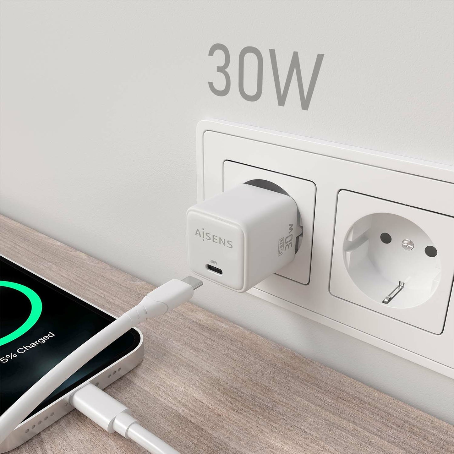 Carregador de Parede USB-C AISENS Fast Charging / 30W / Branco