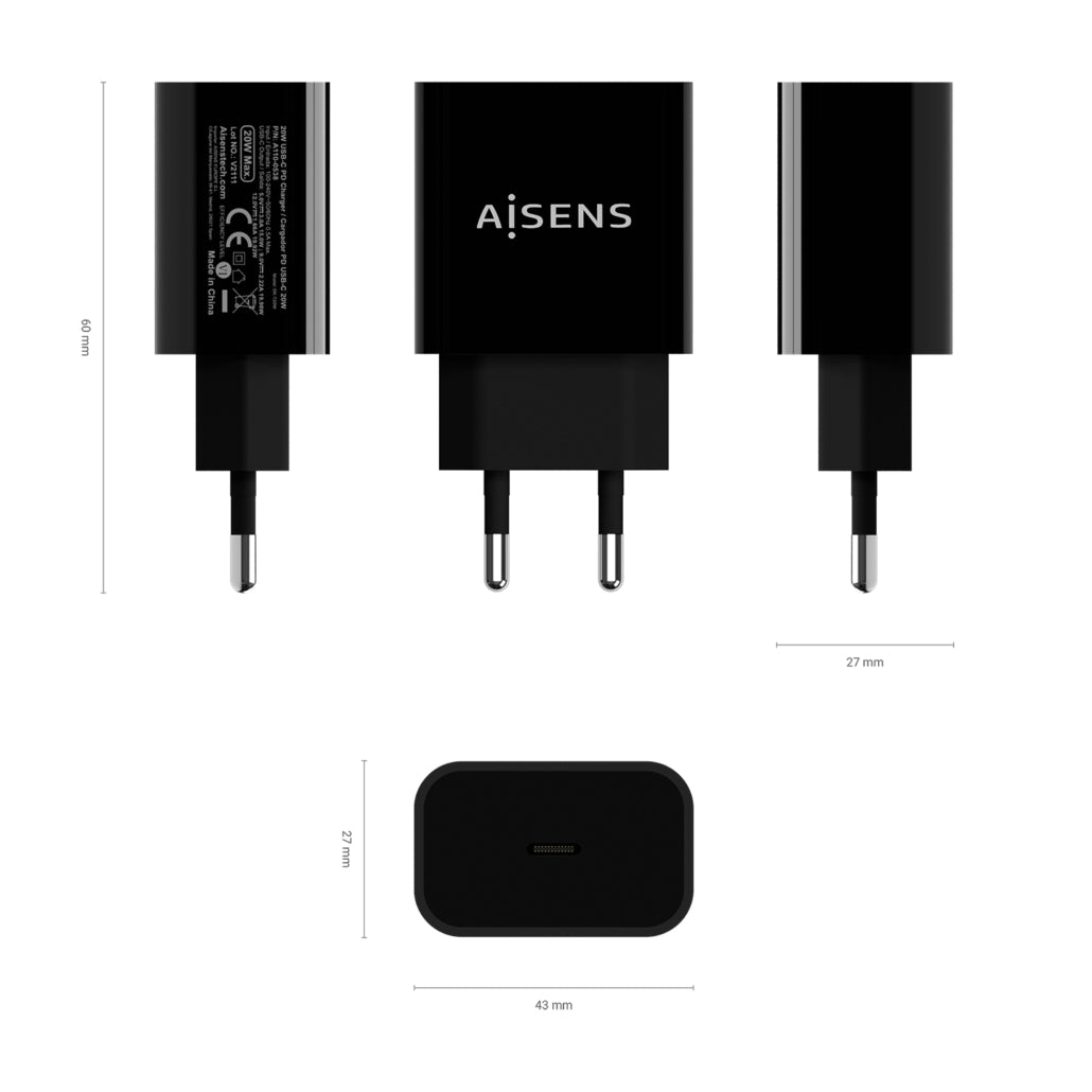 Carregador USB-C Aisens A110-0538 / 1x USB-C PD 3.0 Fast Charging / 20W / Preto