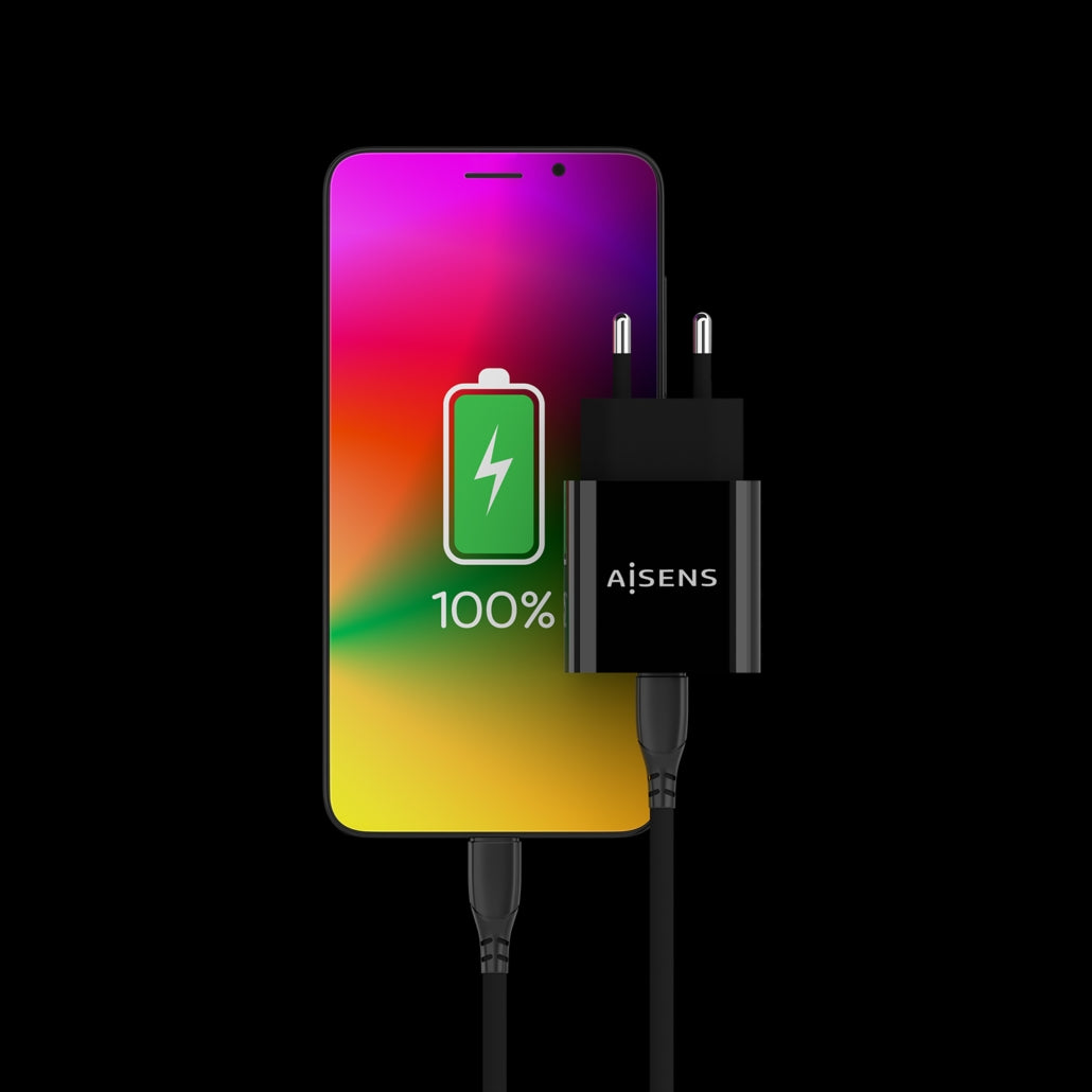 Carregador USB-C Aisens A110-0538 / 1x USB-C PD 3.0 Fast Charging / 20W / Preto