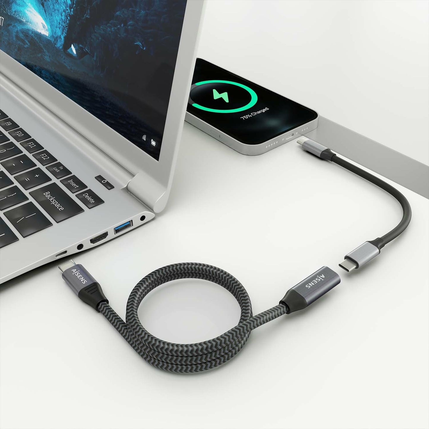 Cabo Extensor USB 3.2 Aisens A107-0636/ USB Tipo-C Macho para USB Tipo-C Fêmea / 100W / 20Gbps/ 2m/ Cinzento
