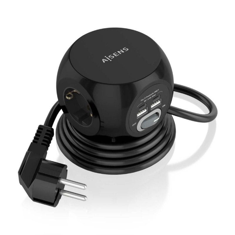 Extensão elétrica Aisens em Cubo com 3 Tomadas + 2xUSB-C / 2xUSB-A 1.4m Preta ASPS-2A2C05-BK