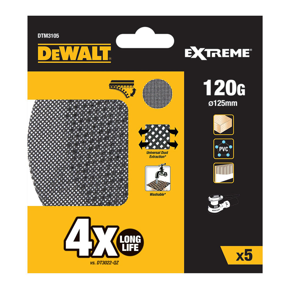 Pack de 5 lixas de malha autoadesiva ø125mm grão: 120 para lixadoras rotoorbitais dtm3105-qz dewalt_0