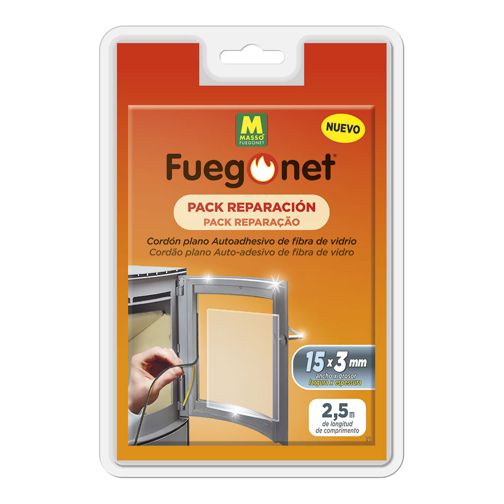 Pack reparação cordão plano auto-adesivo de fibra de vidro 15x3mm 2,5m fuegonet massó_0