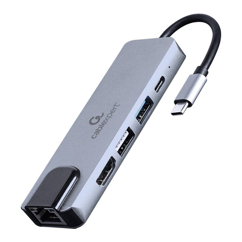 Adaptador Gembird USB-C 5-in-1 (Hub + HDMI + PD + LAN) Prateado