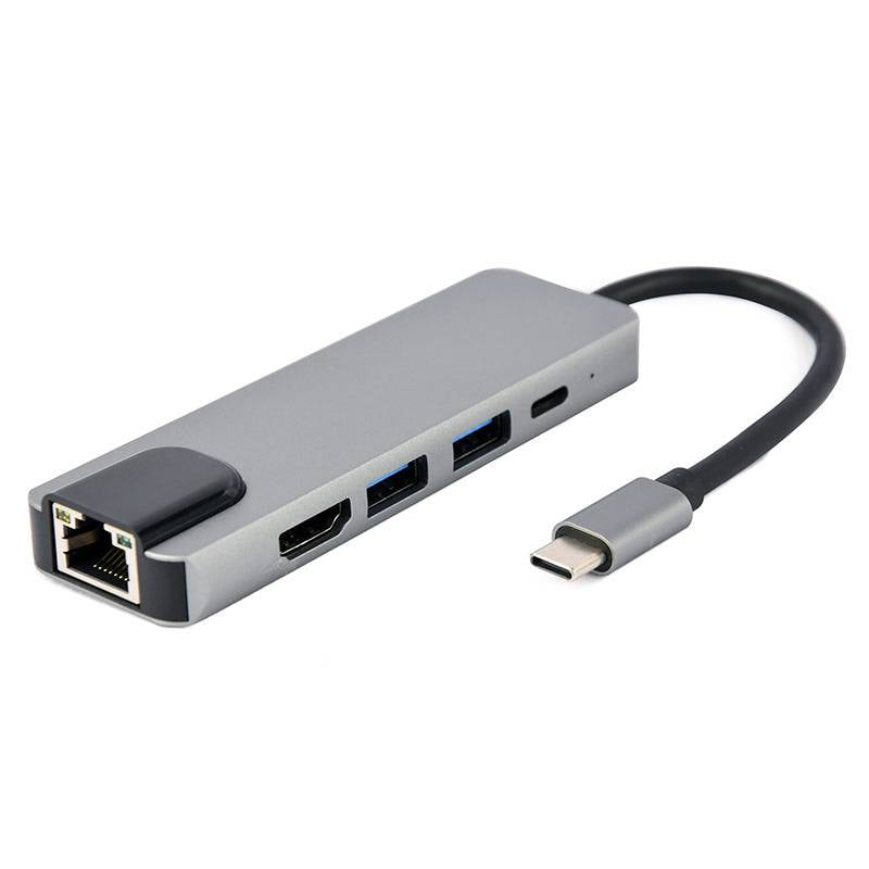 Adaptador Gembird USB-C 5-in-1 (Hub + HDMI + PD + LAN) Prateado