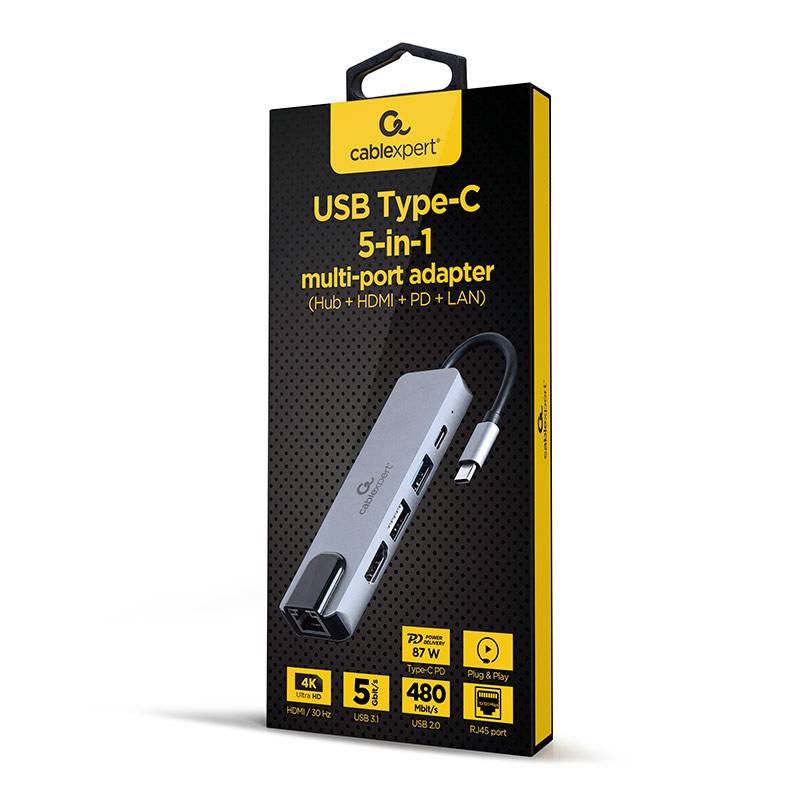 Adaptador Gembird USB-C 5-in-1 (Hub + HDMI + PD + LAN) Prateado
