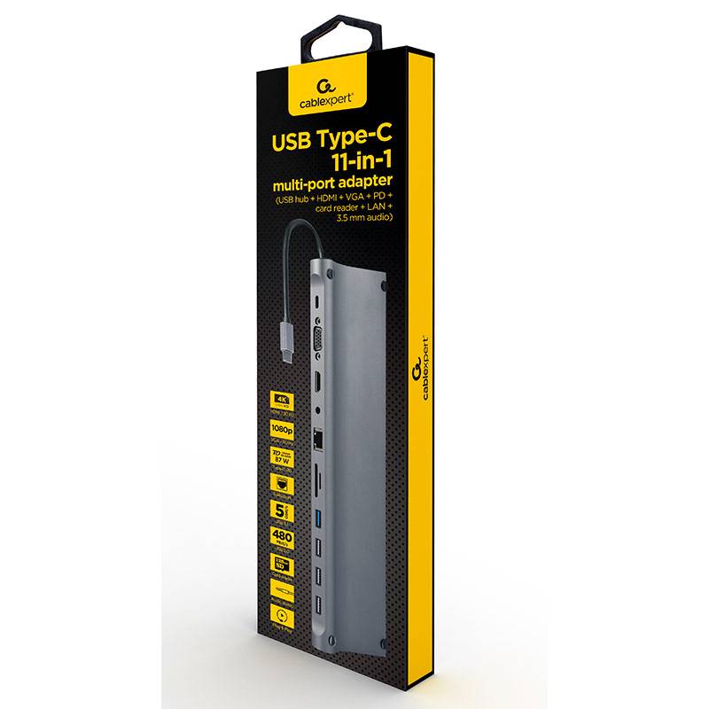 Adaptador Gembird USB-C 11-in-1 (Hub USB + HDMI + VGA + PD + Leitor de Cartões + LAN + 3.5mm audio) Cinzento Sideral