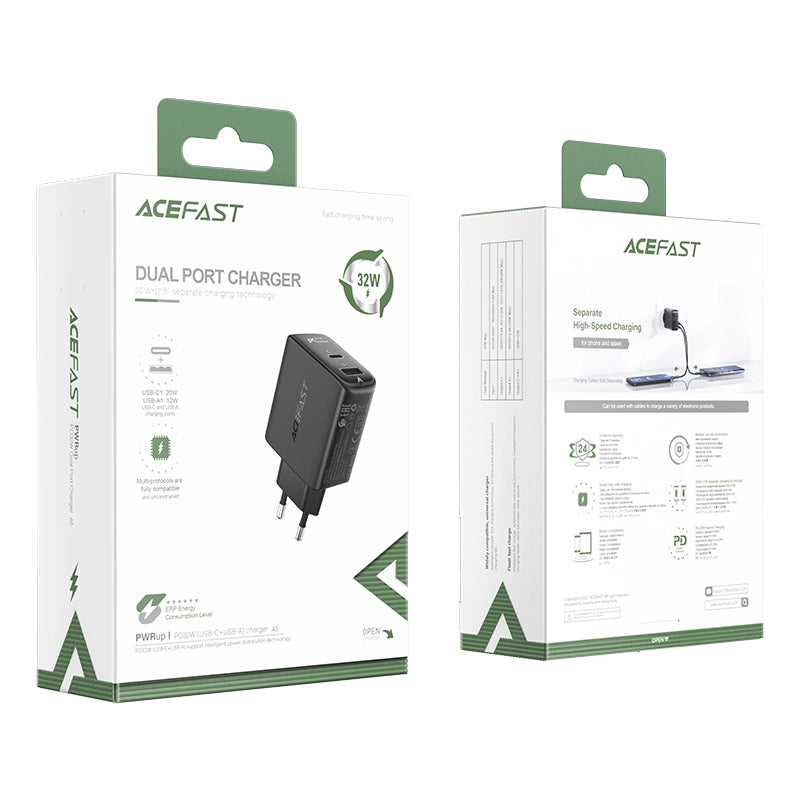 Acefast wall charger USB Type C / USB 32W, PPS, PD, QC 3.0, AFC, FCP black (A5 black)_4